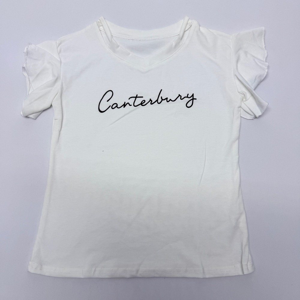 Canterbury White Flutter Sleeve Graphic V-Neck Cotton Tee Shirt Size 150